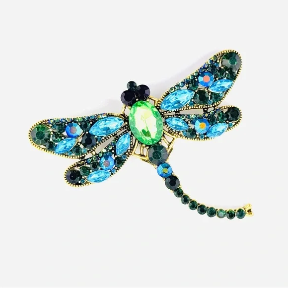 Stunning Huge Gold Tone Dragonfly Brooch with Green and Blue Rhinestones - Picture 1 of 5